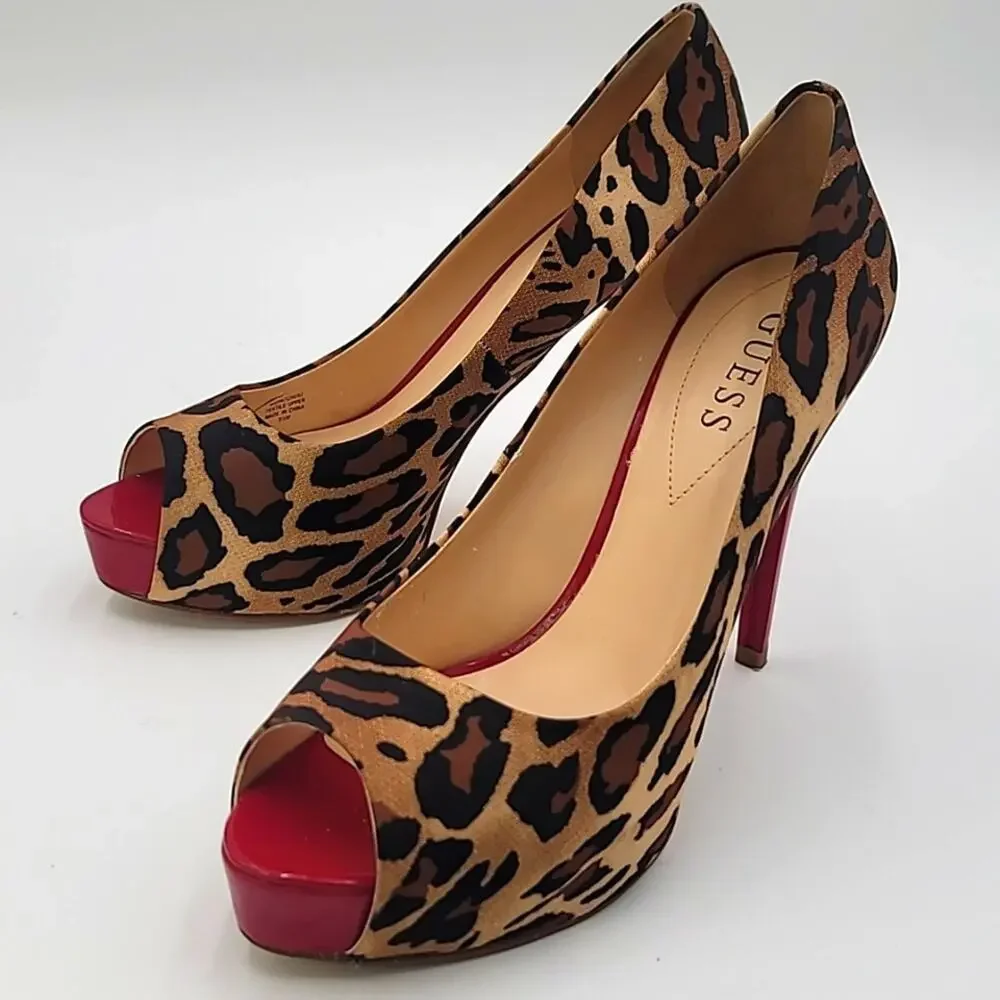 GUESS sz8.5 Patches Leopard Cheetah red Patent platform stiletto peep to…